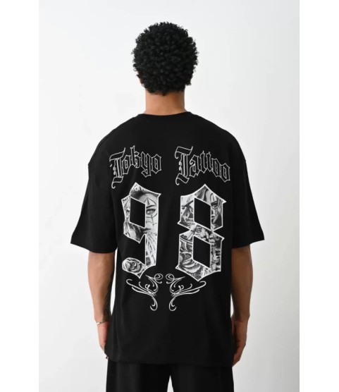 Unisex Baskılı Oversize T-Shirt - Siyah