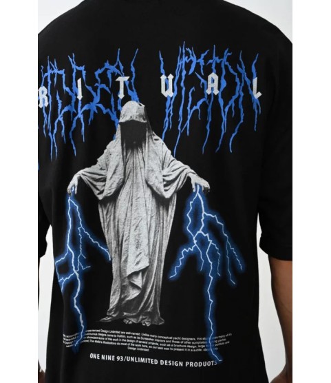 Unisex Baskılı Oversize T-Shirt - Siyah