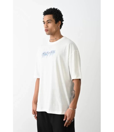 Unisex Baskılı Oversize T-Shirt - Beyaz