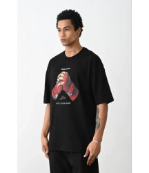Unisex Baskılı Oversize T-Shirt - Siyah