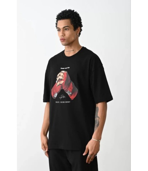 Unisex Baskılı Oversize T-Shirt - Siyah