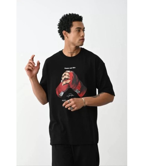 Unisex Baskılı Oversize T-Shirt - Siyah