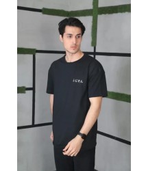 Unisex Bisiklet Yaka Baskılı Oversize T-Shirt - Siyah
