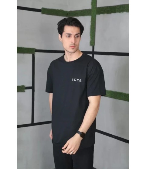 Unisex Bisiklet Yaka Baskılı Oversize T-Shirt - Siyah