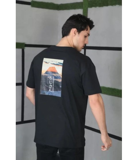 Unisex Bisiklet Yaka Baskılı Oversize T-Shirt - Siyah
