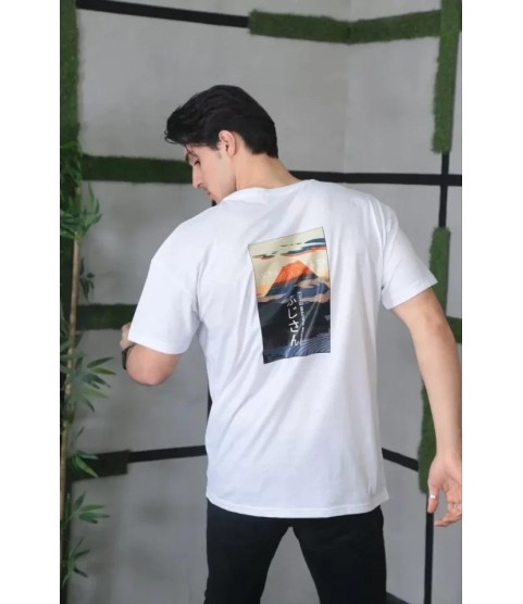 Unisex Bisiklet Yaka Baskılı Oversize T-Shirt - Beyaz