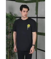 Unisex Bisiklet Yaka Baskılı Oversize T-Shirt - Siyah