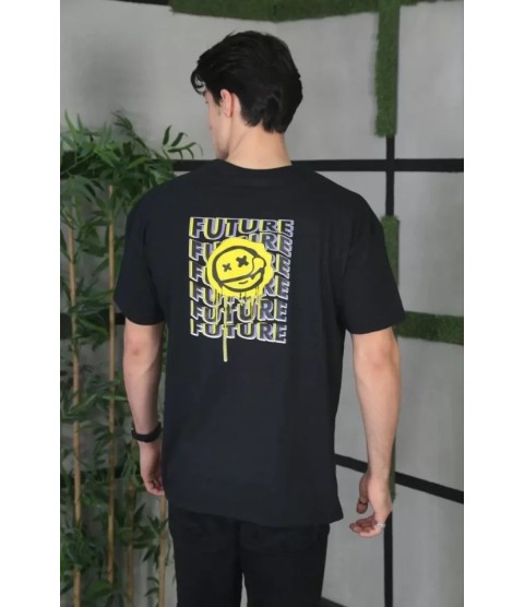 Unisex Bisiklet Yaka Baskılı Oversize T-Shirt - Siyah