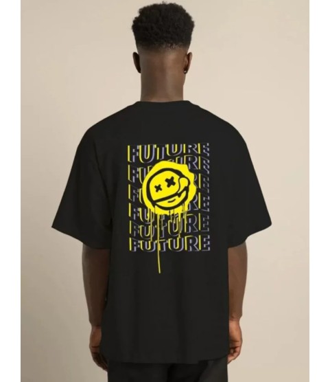 Unisex Bisiklet Yaka Baskılı Oversize T-Shirt - Siyah