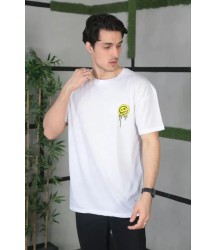 Unisex Bisiklet Yaka Baskılı Oversize T-Shirt - Beyaz