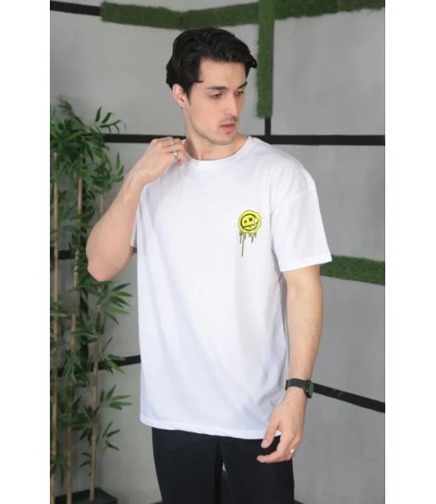Unisex Bisiklet Yaka Baskılı Oversize T-Shirt - Beyaz