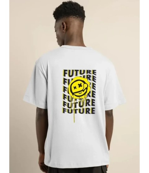 Unisex Bisiklet Yaka Baskılı Oversize T-Shirt - Beyaz