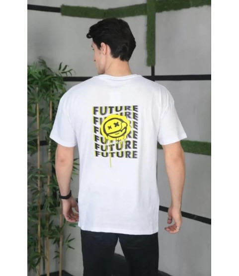 Unisex Bisiklet Yaka Baskılı Oversize T-Shirt - Beyaz