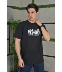 Unisex Bisiklet Yaka Baskılı Oversize T-Shirt - Siyah