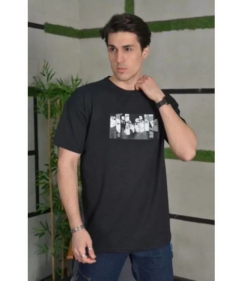 Unisex Bisiklet Yaka Baskılı Oversize T-Shirt - Siyah