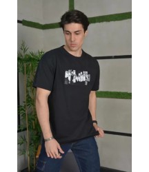 Unisex Bisiklet Yaka Baskılı Oversize T-Shirt - Siyah