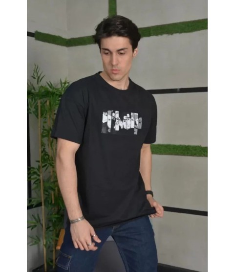 Unisex Bisiklet Yaka Baskılı Oversize T-Shirt - Siyah