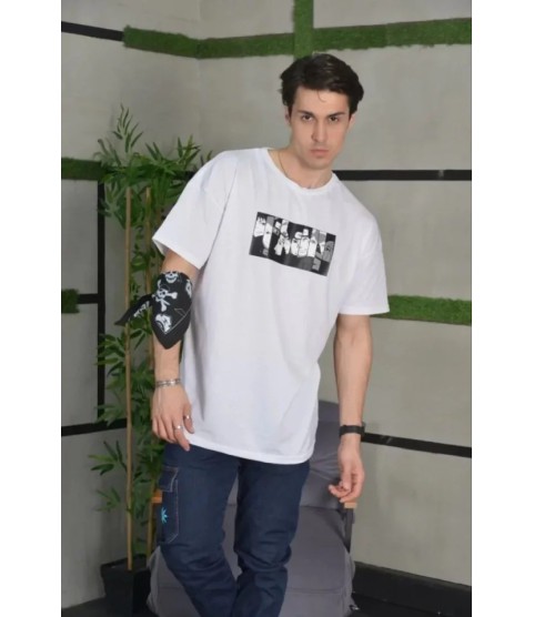 Unisex Bisiklet Yaka Baskılı Oversize T-Shirt - Beyaz