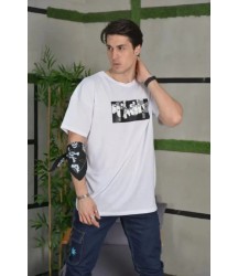 Unisex Bisiklet Yaka Baskılı Oversize T-Shirt - Beyaz