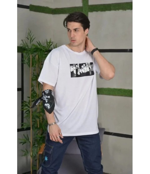 Unisex Bisiklet Yaka Baskılı Oversize T-Shirt - Beyaz