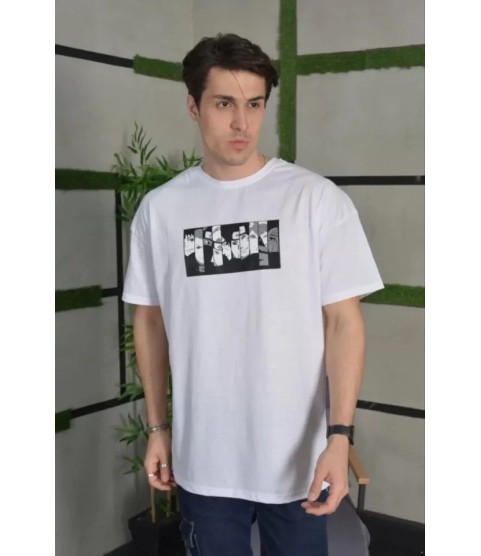 Unisex Bisiklet Yaka Baskılı Oversize T-Shirt - Beyaz
