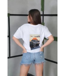 Unisex Bisiklet Yaka Baskılı Oversize T-Shirt- Beyaz