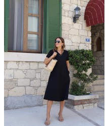 Kadın Kısa Kollu V Yaka Cepli Midi Boy Viskon Elbise