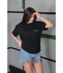Unisex Bisiklet Yaka Baskılı Oversize T-Shirt - Siyah