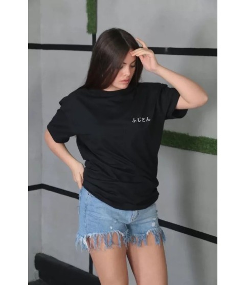 Unisex Bisiklet Yaka Baskılı Oversize T-Shirt - Siyah