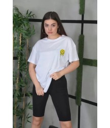 Unisex Bisiklet Yaka Baskılı Oversize T-Shirt - Beyaz