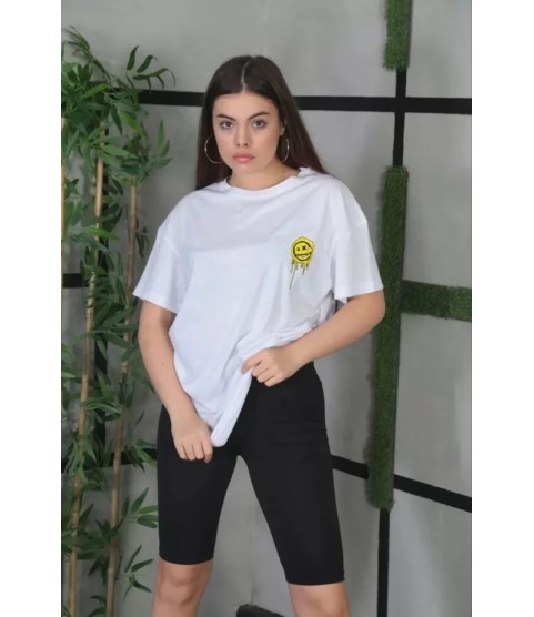 Unisex Bisiklet Yaka Baskılı Oversize T-Shirt - Beyaz