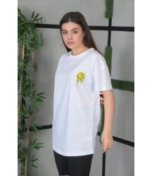Unisex Bisiklet Yaka Baskılı Oversize T-Shirt - Beyaz