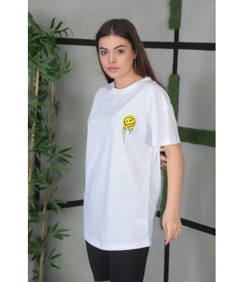 Unisex Bisiklet Yaka Baskılı Oversize T-Shirt - Beyaz