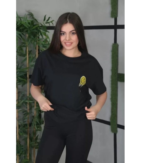 Unisex Bisiklet Yaka Baskılı Oversize T-Shirt - Siyah