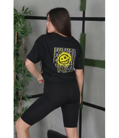 Unisex Bisiklet Yaka Baskılı Oversize T-Shirt - Siyah