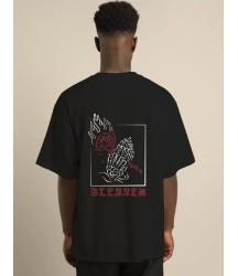 Unisex Bisiklet Yaka Oversize Baskılı T-Shirt - Siyah