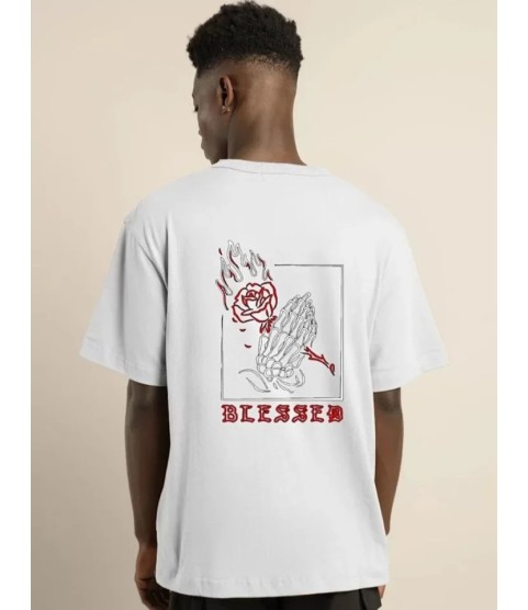 Unisex Bisiklet Yaka Oversize Baskılı T-Shirt - Beyaz