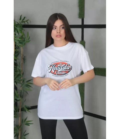 Unisex Baskılı Oversize T-Shirt - Beyaz