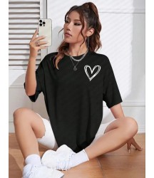 Bisiklet Yaka Baskılı Oversize T-Shirt - Siyah