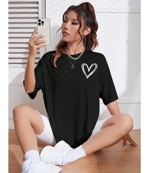 Bisiklet Yaka Baskılı Oversize T-Shirt - Siyah