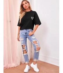 Bisiklet Yaka Baskılı Oversize T-Shirt - Siyah
