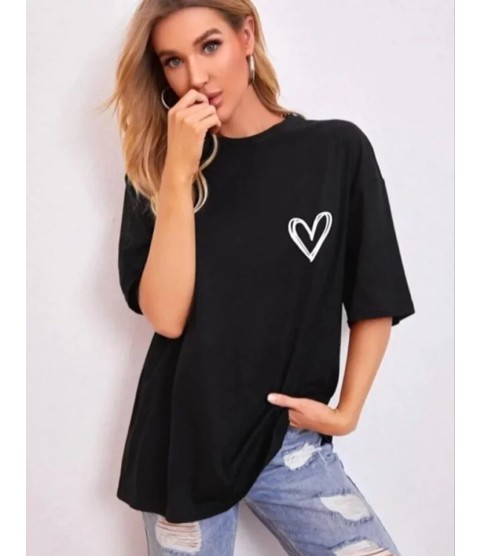 Bisiklet Yaka Baskılı Oversize T-Shirt - Siyah