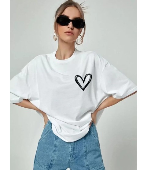 Bisiklet Yaka Baskılı Oversize T-Shirt - Beyaz