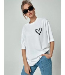 Bisiklet Yaka Baskılı Oversize T-Shirt - Beyaz