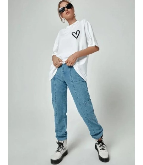Bisiklet Yaka Baskılı Oversize T-Shirt - Beyaz