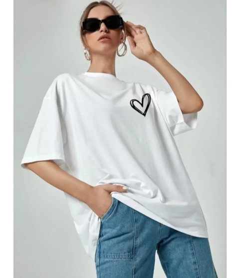 Bisiklet Yaka Baskılı Oversize T-Shirt - Beyaz