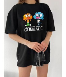 Bisiklet Yaka Baskılı Oversize T-Shirt - Siyah