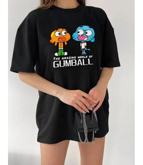 Bisiklet Yaka Baskılı Oversize T-Shirt - Siyah