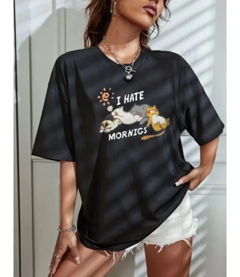 Bisiklet Yaka Baskılı Oversize T-Shirt - Siyah
