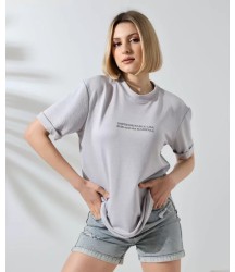 Unisex Bisiklet Yaka Baskılı Slim Fit T-Shirt - Boyalı Gri